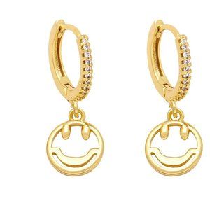 Smiley Face 18K Gold Plated Bling Iced Zirconia Happy Hinge Hoop Drop Earrings